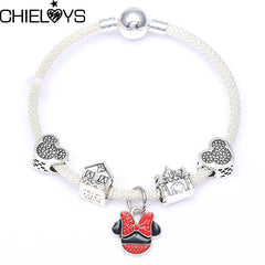 CHIELOYS Silver Color Mickey & Minnie Alloy Beads And Pendant Charm Brand Bracelet & Bangles For Women Jewelry Children Gift